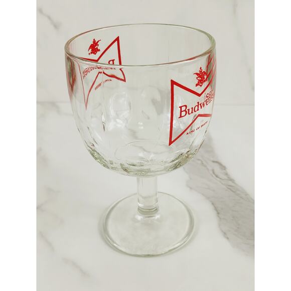 Budweiser Thumbprint Beer Goblet Glass 16oz Chalice Cup Red Logo 6" Vintage - Picture 7 of 14